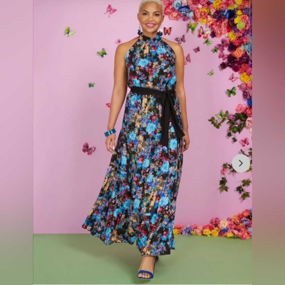 NEW YORK & COMPANY Floral-Print Halter Maxi Dress. SIZE M